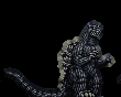 a statue of a monster with a long tail is standing in the dark on a black background .