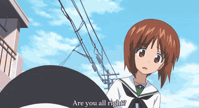 a cartoon girl says " are you all right " in front of a blue sky