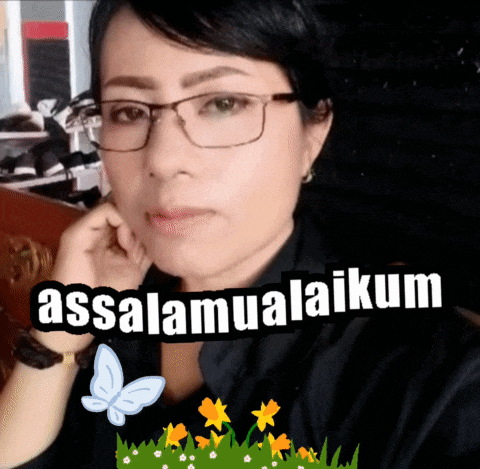 a woman wearing glasses is surrounded by flowers and a sticker that says " assalamualaikum "