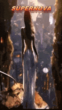 a woman in a white dress is standing in front of a city with the word supernova on it
