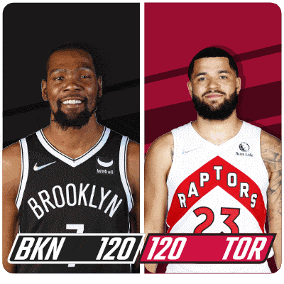 a brooklyn nets player and a raptors player pose for a photo