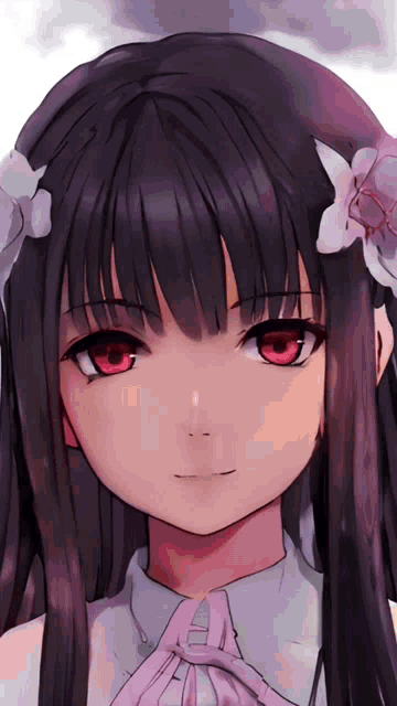 a close up of a girl 's face with red eyes and a flower in her hair