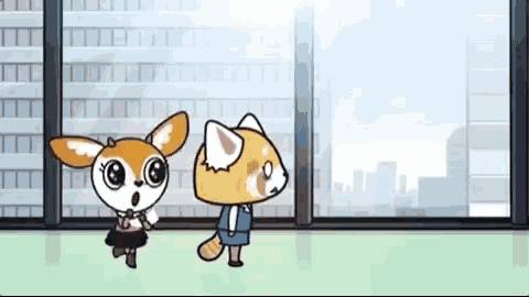 two cartoon animals are standing in front of a window .