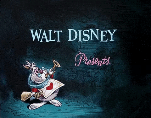 a poster for alice in wonderland features a white rabbit playing a trumpet