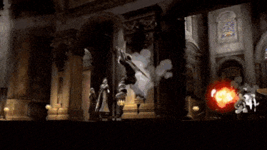 a video game scene shows a man holding a sword and a woman holding a sword