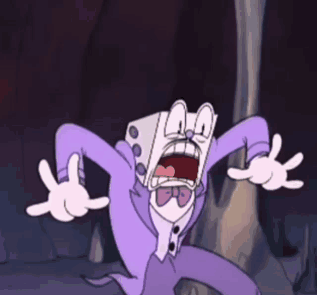 a cartoon character is wearing a purple suit and a bow tie