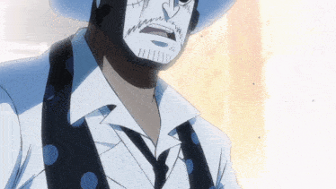 a man wearing a white shirt and blue polka dot suspenders looks surprised