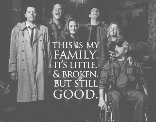a group of people are posing for a picture with a quote that says this is my family it 's little & broken but still good