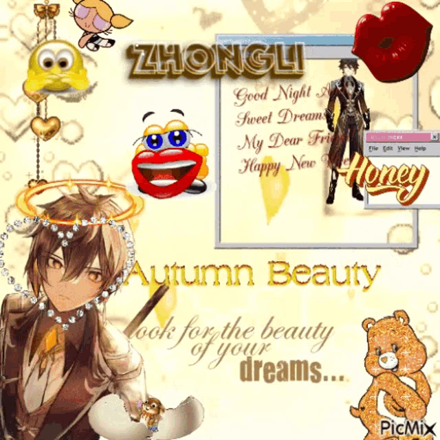 a zhongli autumn beauty greeting card with a cartoon character