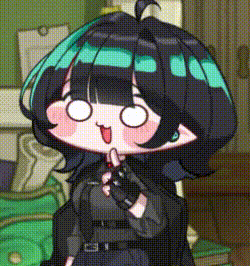 a cartoon girl with black and green hair is making a funny face while standing in a room .