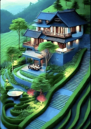 a large house sits on top of a hill with stairs leading up to it