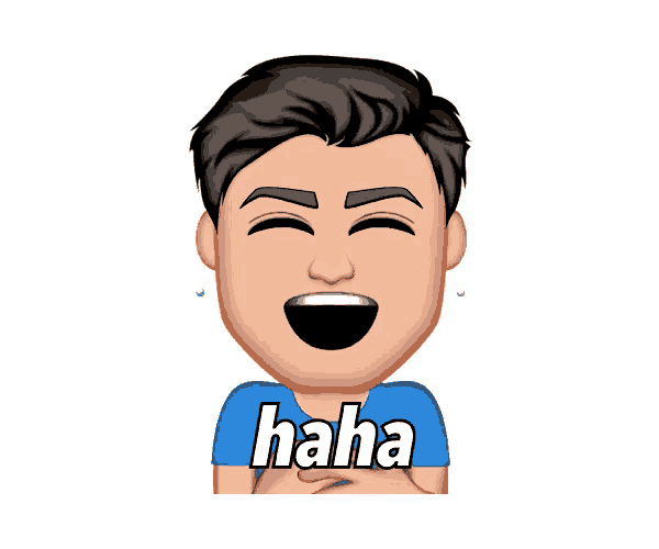 a man in a blue shirt is laughing with the word haha on his chest