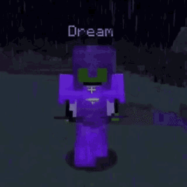 a purple minecraft character is holding a sword and a shield .