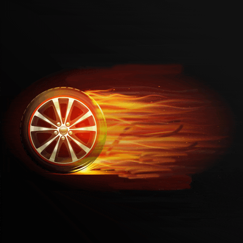 a car wheel with flames behind it on a black background