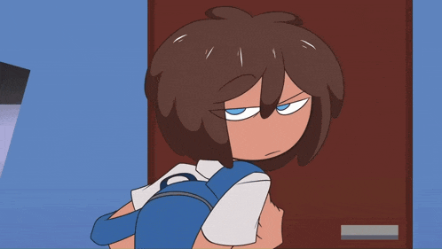 a cartoon character with brown hair and blue eyes is standing in front of a door