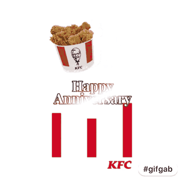 a bucket of kfc fried chicken sits on top of a happy anniversary sign