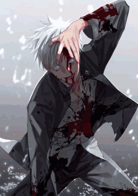 a drawing of a man with blood on his face and the word maotai on the bottom right