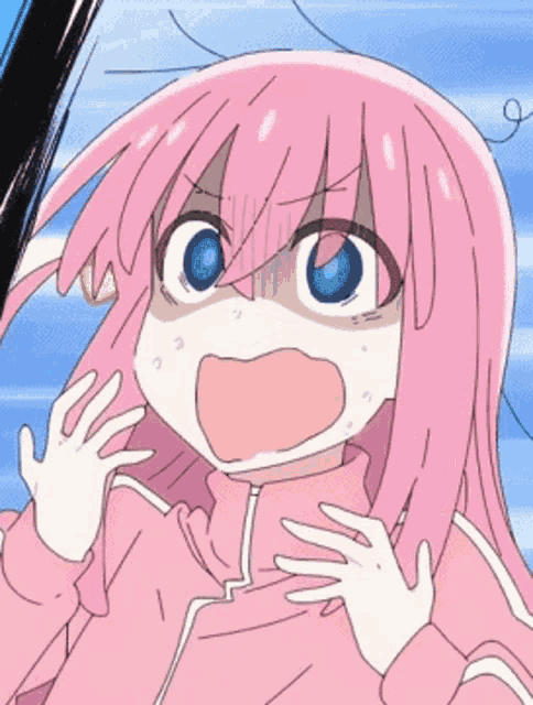 a girl with pink hair and blue eyes is making a funny face