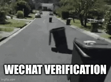 a black and white photo of a trash can on the side of a road with the words `` wechat verification '' written on it .