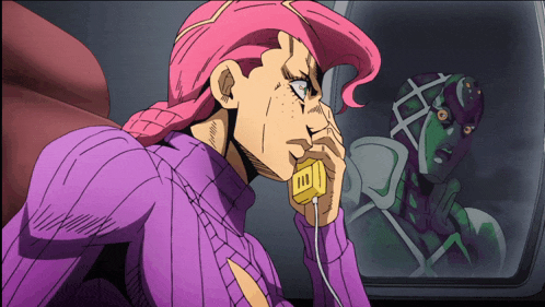a cartoon character with pink hair is talking on a telephone
