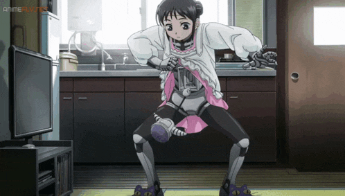 a girl in a robot costume is dancing in front of a tv
