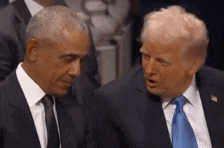 obama and trump are sitting next to each other and talking .