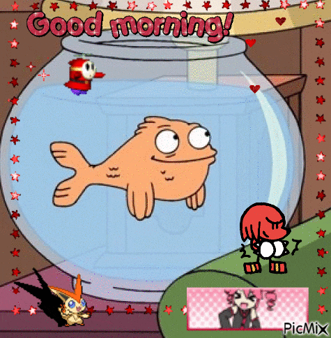 a cartoon of a fish in a bowl that says good morning on it