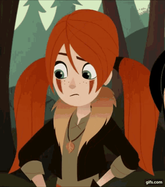 a cartoon girl with red hair and pigtails is standing in a forest