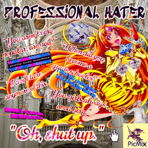 a picture of a girl with the words professional hater on top