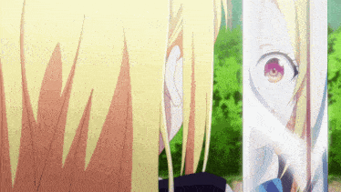 a girl with blonde hair and red eyes is behind a glass wall
