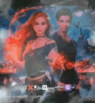 a man and a woman are standing next to each other in a painting that says jsta moon venom 17
