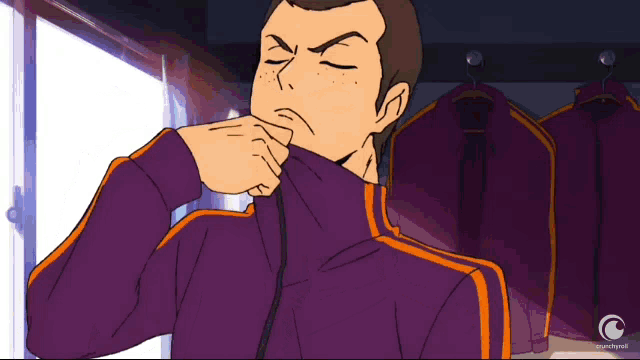 a cartoon of a man in a purple and orange jacket