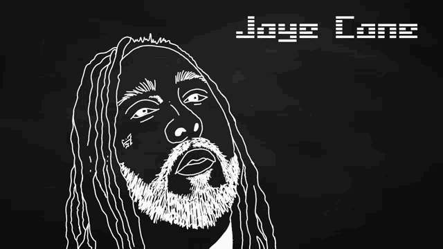 a black and white drawing of a man with dreadlocks and a beard with the name joyce long above him