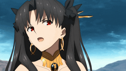 a close up of a girl with red eyes and gold earrings