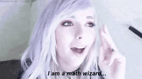 a woman with purple hair is making a funny face and saying `` i am a math wizard ... ''