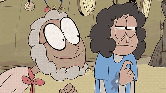 two cartoon characters are standing next to each other in front of a wall with clocks on it
