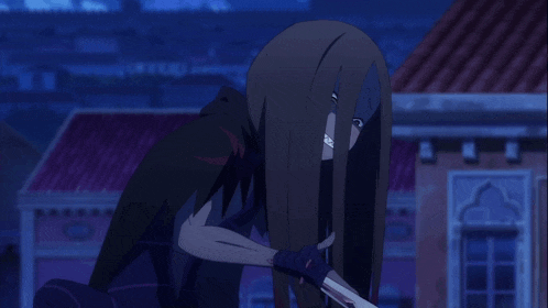 a woman with long black hair is holding a pair of knives in her hand