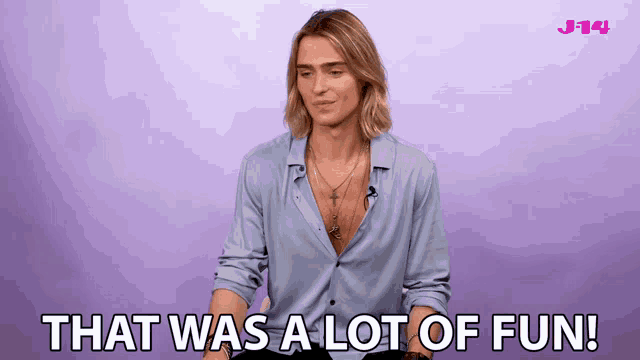 a man says that was a lot of fun in front of a purple background