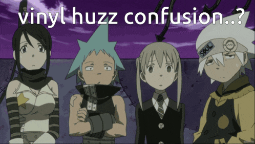 a group of anime characters standing next to each other with the words vinyl huzz confusion above them