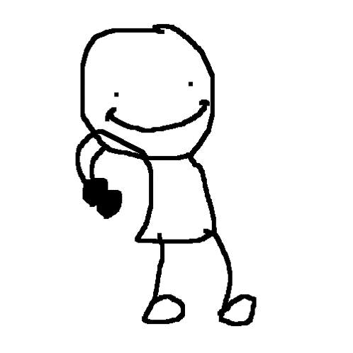 a black and white drawing of a cartoon character holding a microphone and smiling .