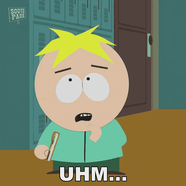 a cartoon character from south park is holding a book and says " uhm "