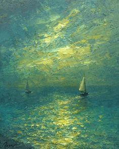 it is a painting of two sailboats in the ocean at night .