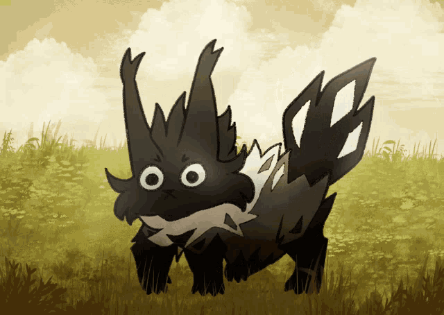 a drawing of a black and white animal standing in a grassy field