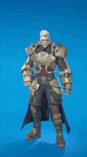 a man in armor with a skull on his head is standing in front of a blue background