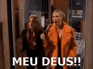 two women are standing next to each other in a room with the words meu deus !