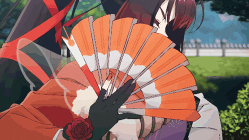 a drawing of a person holding a fan with a rose on it