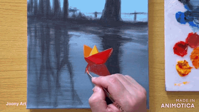 a painting of a boat is being painted by joony