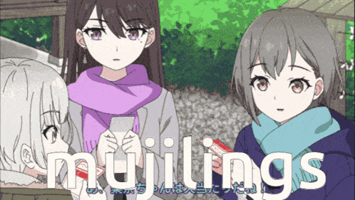 a group of anime girls are standing next to each other with the words mujilings written in white
