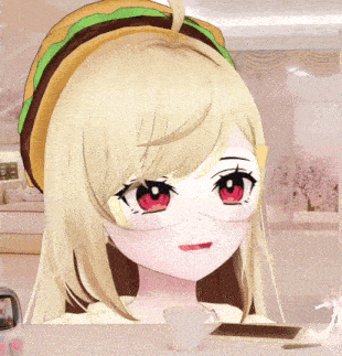 a girl with blonde hair and red eyes is wearing a mask and a hamburger hat