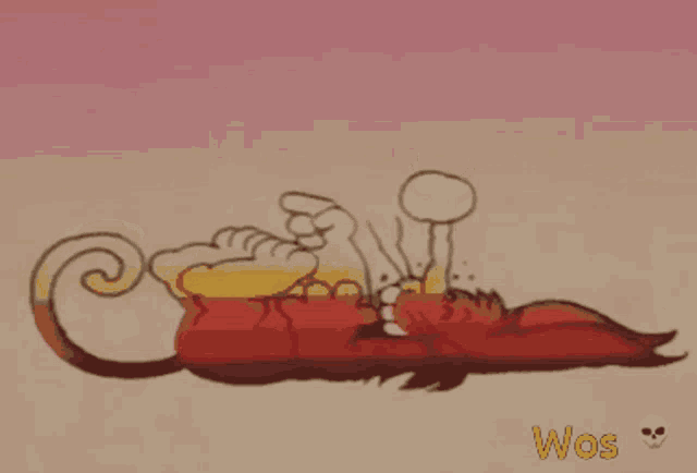 a cartoon drawing of a devil laying on its back with the word wos written below it